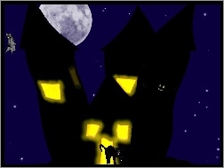księżyc, kot , Halloween, domek